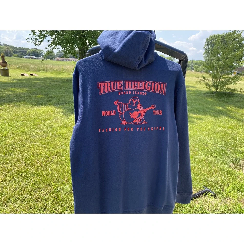 True Religion Mens Navy Blue Zip Up Hoodie Buddha World Tour Graphic Size M‎